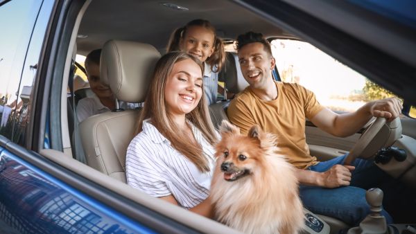 Família feliz andando com carro sem problemas na embreagem