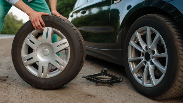 Homem fazendo a troca do pneu do carro por conta própria