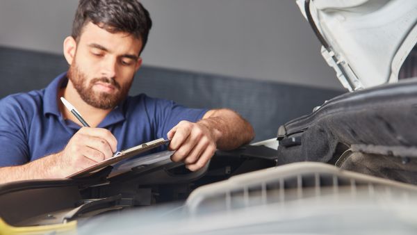Mecânico fazendo checklist dos itens revisados da transmissão do carro